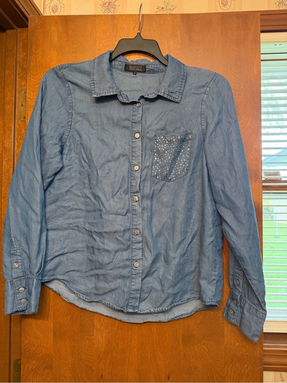 Badgley Mischka Light Blue Denim Button-Down Shirt with Studded Pocket